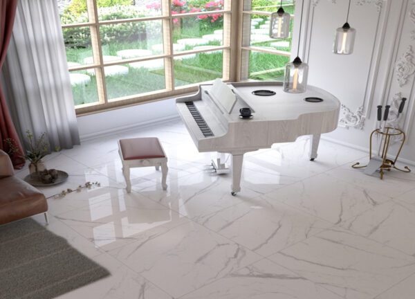 12 mm polished white stone-effect indoor porcelain floor tile, available in multiple sizes