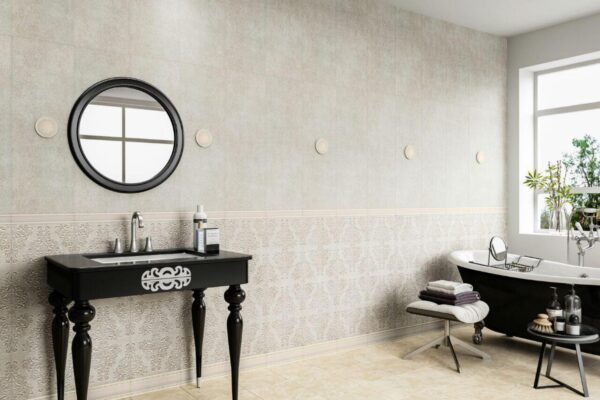 12 mm textured matt indoor tile, available in cream and grey, ideal for modern bathrooms and vanity