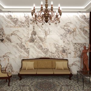 White glossy stone-effect porcelain tile for indoor floors and walls, luxurious and high quality