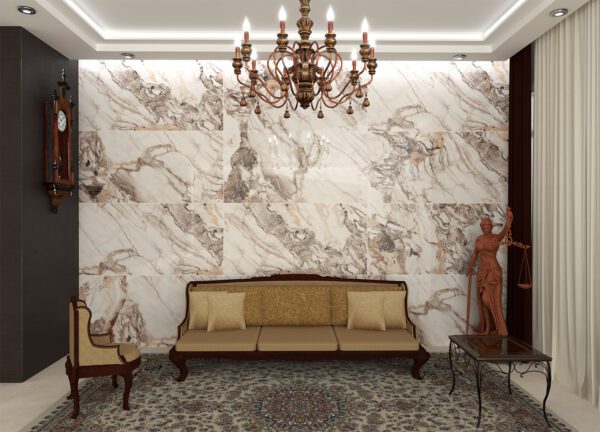 White glossy stone-effect porcelain tile for indoor floors and walls, luxurious and high quality