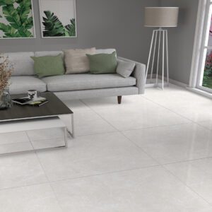 Polished pearl porcelain tile with glossy finish, ideal for living room flooring