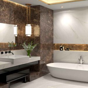 Polished glossy stone-effect porcelain tile ideal for modern bathrooms, available in brown, grey and cream