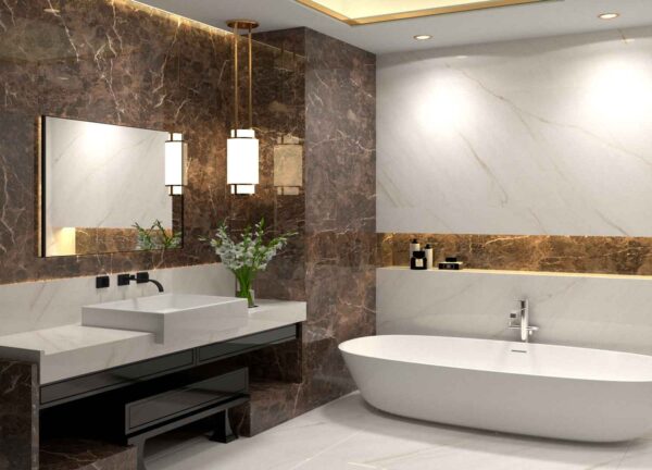 Polished glossy stone-effect porcelain tile ideal for modern bathrooms, available in brown, grey and cream