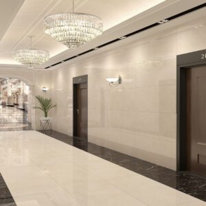 Polished glossy pearl stone-effect porcelain tile ideal for the floors and walls of hallways