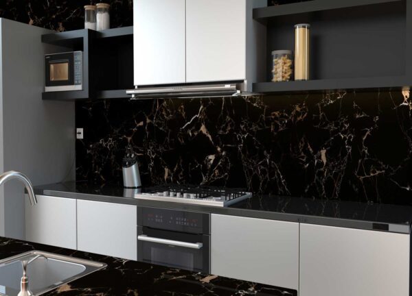 Polished glossy black stone-effect porcelain tile for indoor floors and walls