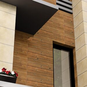 Textured matt brown wood-effect outdoor wall tile, ideal for patios and porches