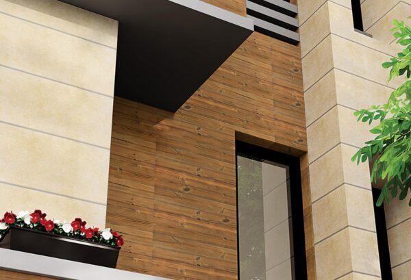Textured matt brown wood-effect outdoor wall tile, ideal for patios and porches