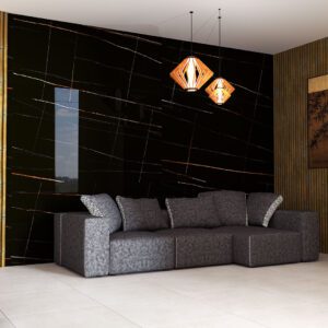 Expodity Polished glossy stone-effect porcelain wall tile in black and white, perfect for a luxurious and timeless living area