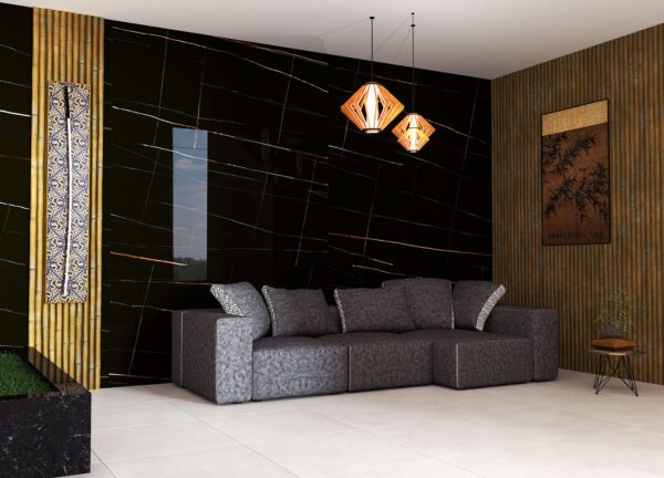 Expodity Polished glossy stone-effect porcelain wall tile in black and white, perfect for a luxurious and timeless living area