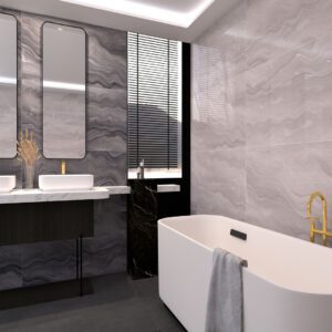 Polished glossy porcelain tile, ideal for bathroom floors and walls, available in grey and black