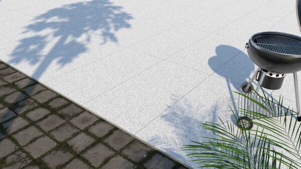 Matt grey stone-effect porcelain tile for outdoor spaces, durable and versatile