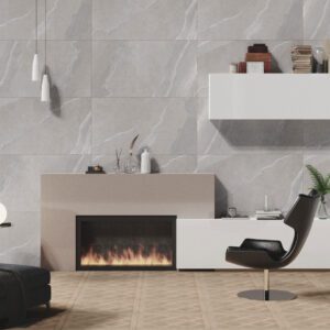 Matt stone-effect porcelain tile for indoor floors and walls available in multiple colours - brown, black, cream and grey