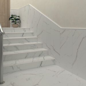 Durable white matt-stone effect tile for indoor and outdoor stairs