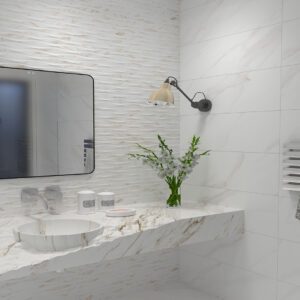 Textured matt white porcelain tile with stone-effect for indoor walls, especially modern bathrooms and kitchens