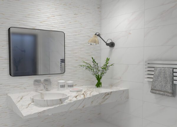 Textured matt white porcelain tile with stone-effect for indoor walls, especially modern bathrooms and kitchens