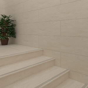 Elegant cream stone-effect porcelain tile for indoor and outdoor stairs