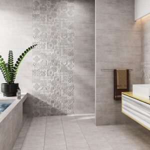 11 mm textured matt cement-effect indoor wall tile, available in black, cream, grey and pearl