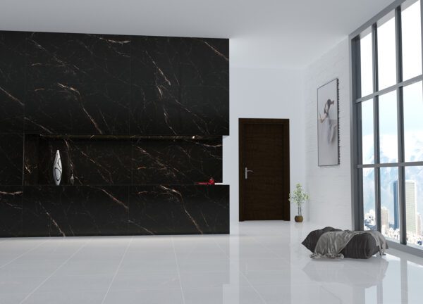 Polished glossy black and white stone-effect porcelain wall tile, premium and luxurious wall