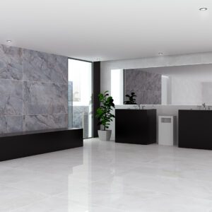 Polished glossy grey stone-effect porcelain tile for floors and walls