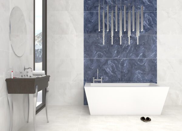 Polished glossy blue and black porcelain tiles, ideal for the walls and floors of bathrooms and laundry rooms